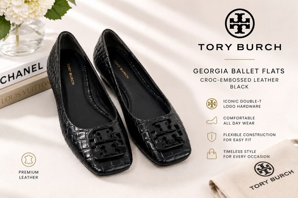 Tory Burch Georgia Ballet Flats 8M Black Croc Embossed Leather Logo Square Toe